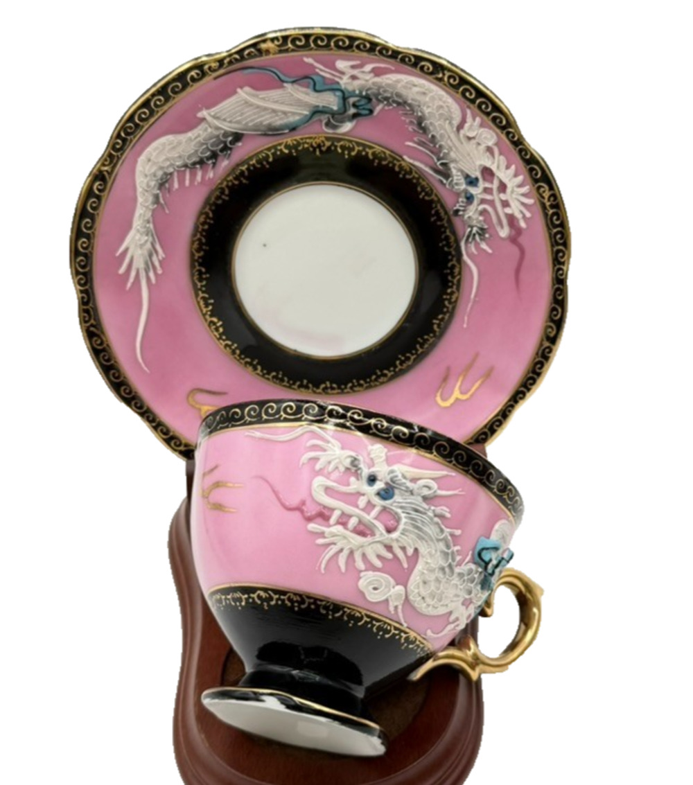 Shafford Pink Tea Cup Saucer Hand Painted Raised Oriental Dragon Moriage